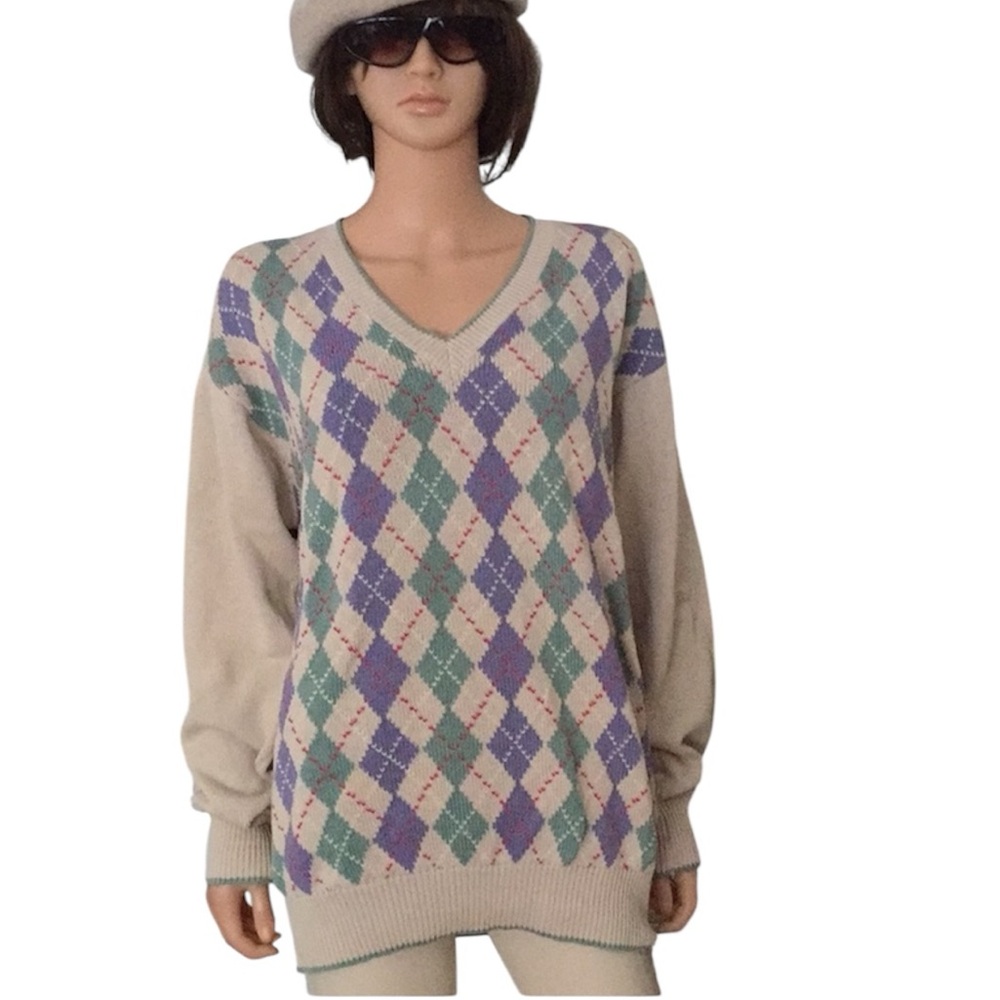Vintage Whitfield & Bridges 100% Cotton Hand loomed Argyle Sweater Preppy
